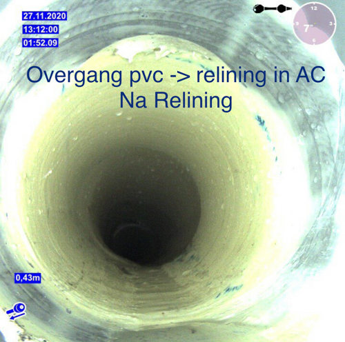 Camerabeeld overgang pvc naar asbest na relining - RIR Leidingtechniek B.V. riool-rir-riooltechniek-kous-relining-inliner-relining